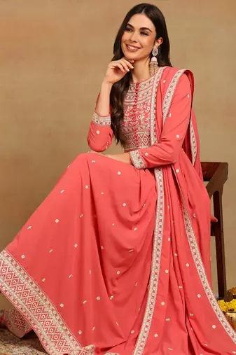 pink solid georgette fancy kurta with dupatta set