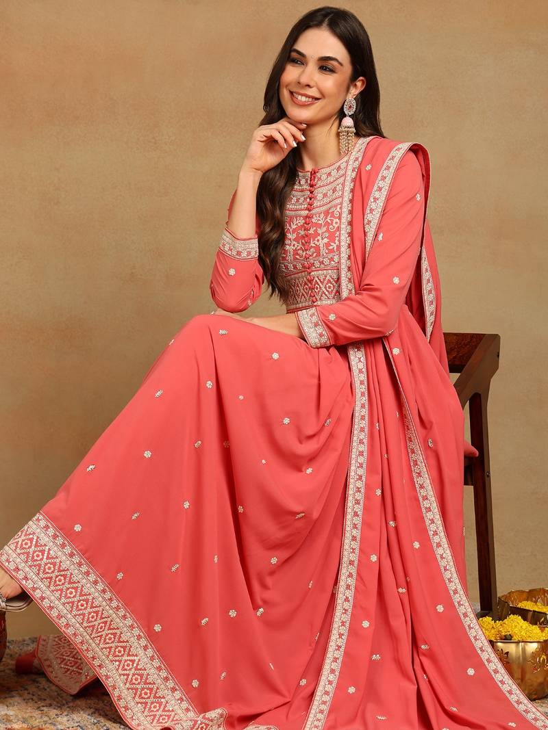 pink solid georgette fancy kurta with dupatta set