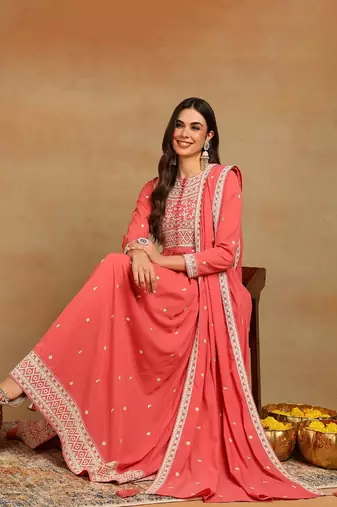 pink solid georgette fancy kurta with dupatta set