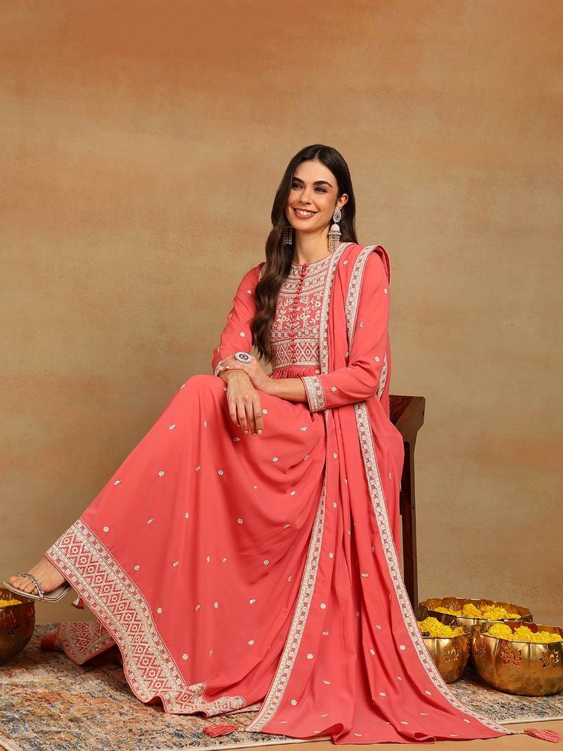 pink solid georgette fancy kurta with dupatta set