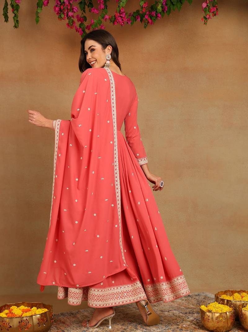 pink solid georgette fancy kurta with dupatta set