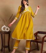 yellow solid silk blend fancy kurta with trouser set