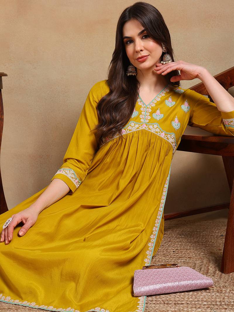 yellow solid silk blend fancy kurta with trouser set