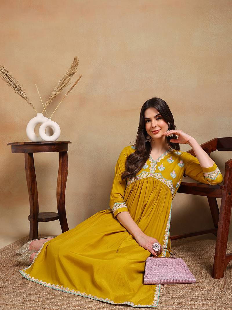 yellow solid silk blend fancy kurta with trouser set