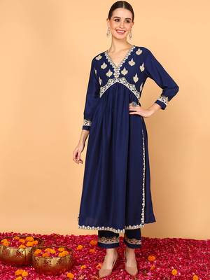 navy blue solid silk blend fancy kurta with trouser set 1