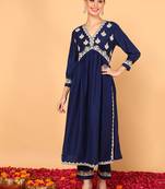 navy blue solid silk blend fancy kurta with trouser set