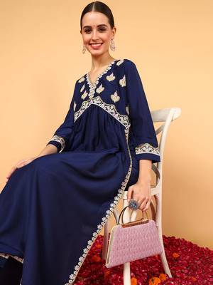 navy blue solid silk blend fancy kurta with trouser set 2