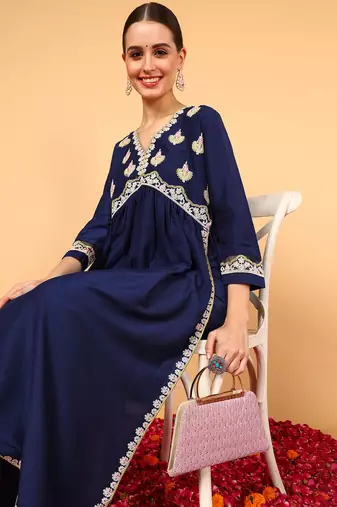 navy blue solid silk blend fancy kurta with trouser set