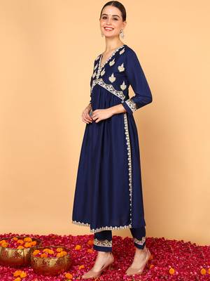 navy blue solid silk blend fancy kurta with trouser set 3