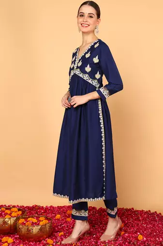 navy blue solid silk blend fancy kurta with trouser set
