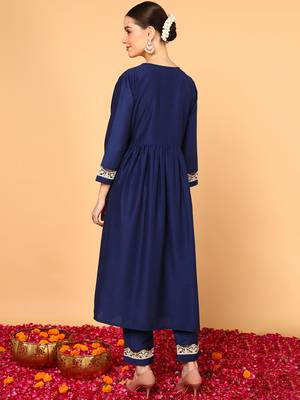 navy blue solid silk blend fancy kurta with trouser set 4