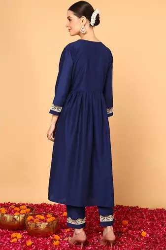 navy blue solid silk blend fancy kurta with trouser set