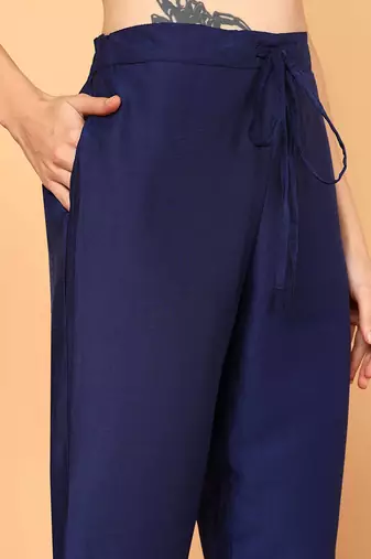 navy blue solid silk blend fancy kurta with trouser set
