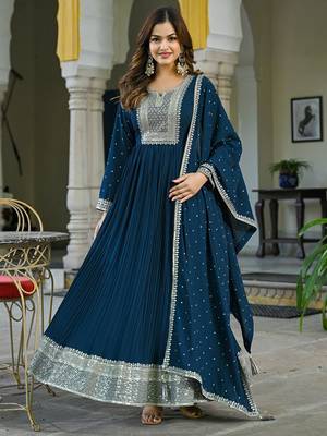 teal solid georgette fancy kurta with dupatta set 1