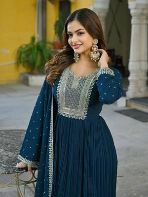 teal solid georgette fancy kurta with dupatta set 2