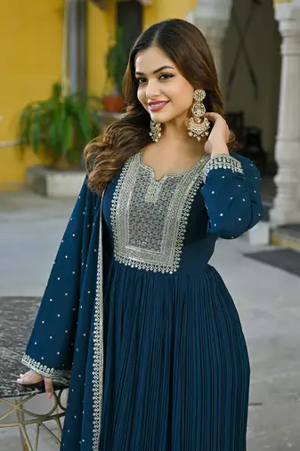 teal solid georgette fancy kurta with dupatta set