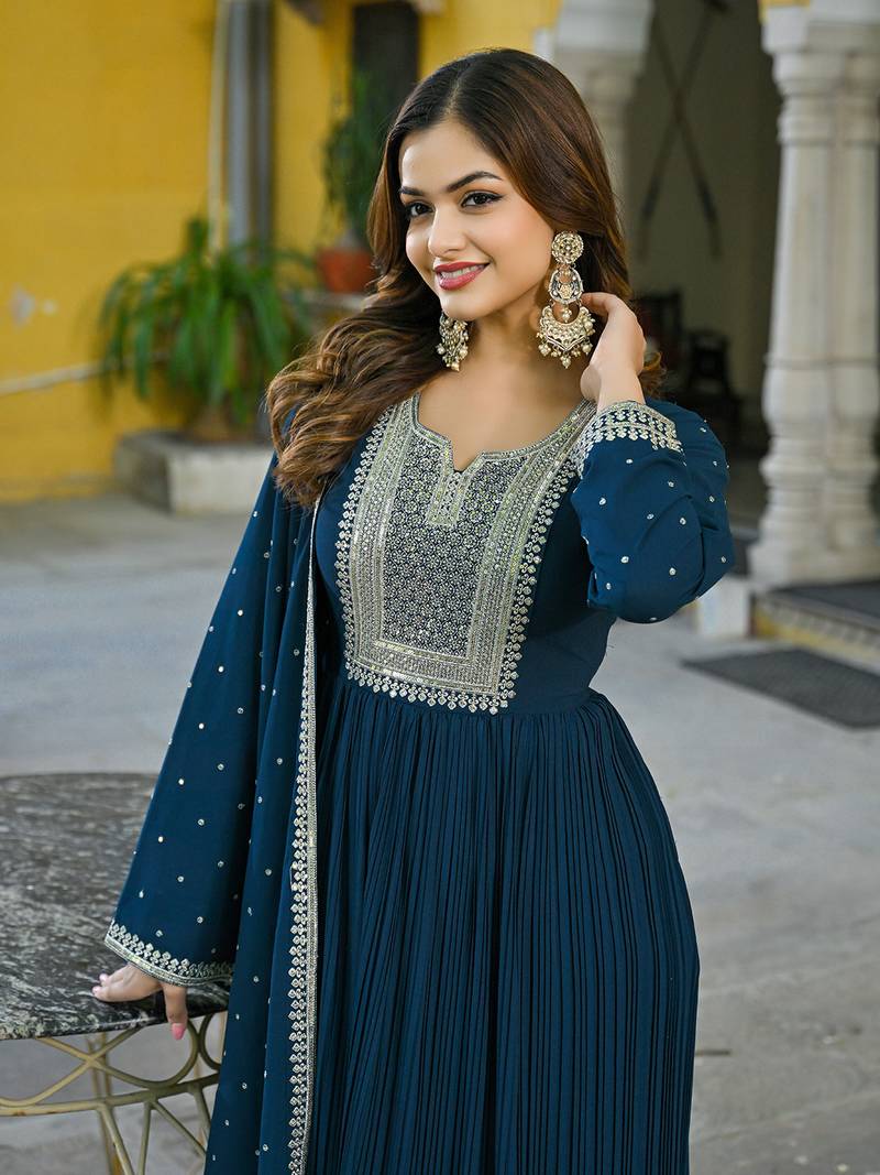 teal solid georgette fancy kurta with dupatta set