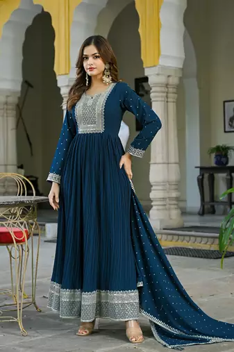 teal solid georgette fancy kurta with dupatta set