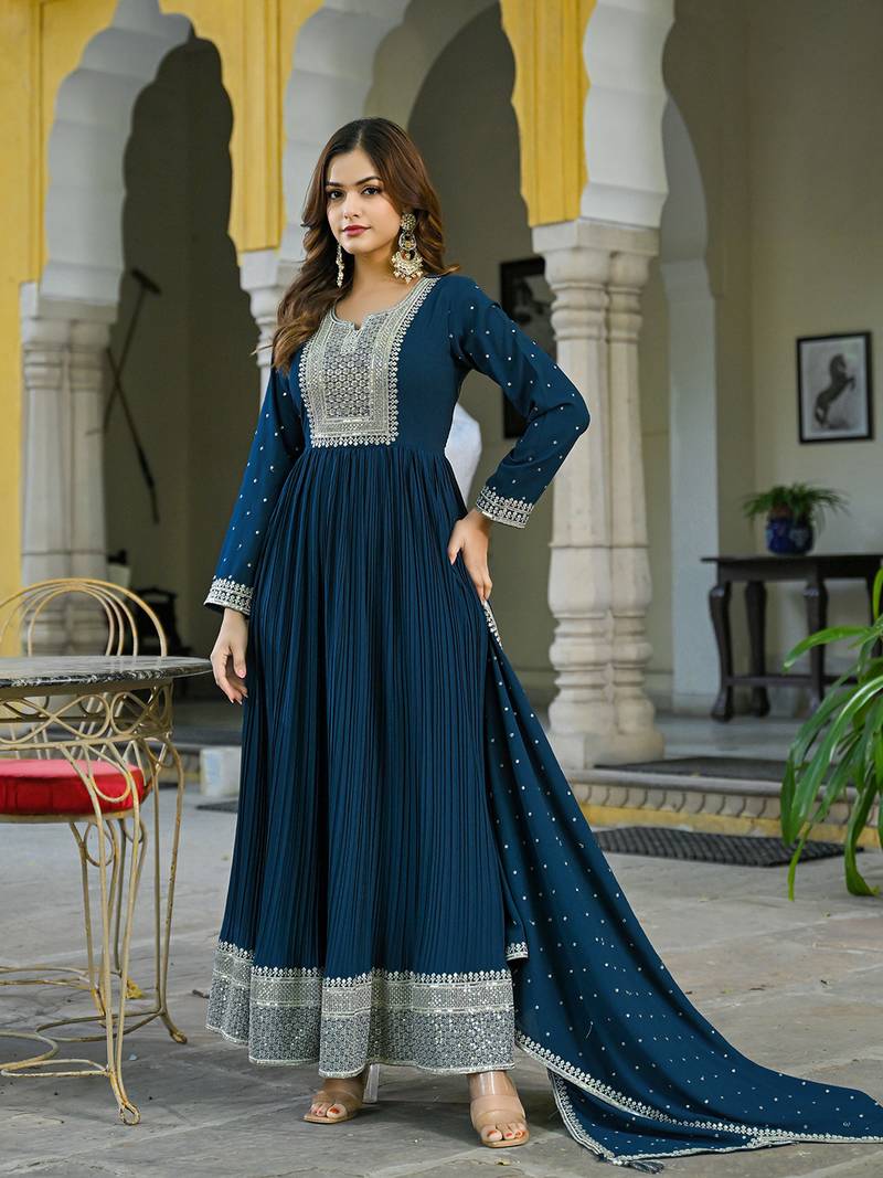 teal solid georgette fancy kurta with dupatta set
