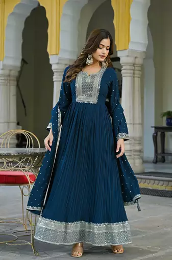 teal solid georgette fancy kurta with dupatta set