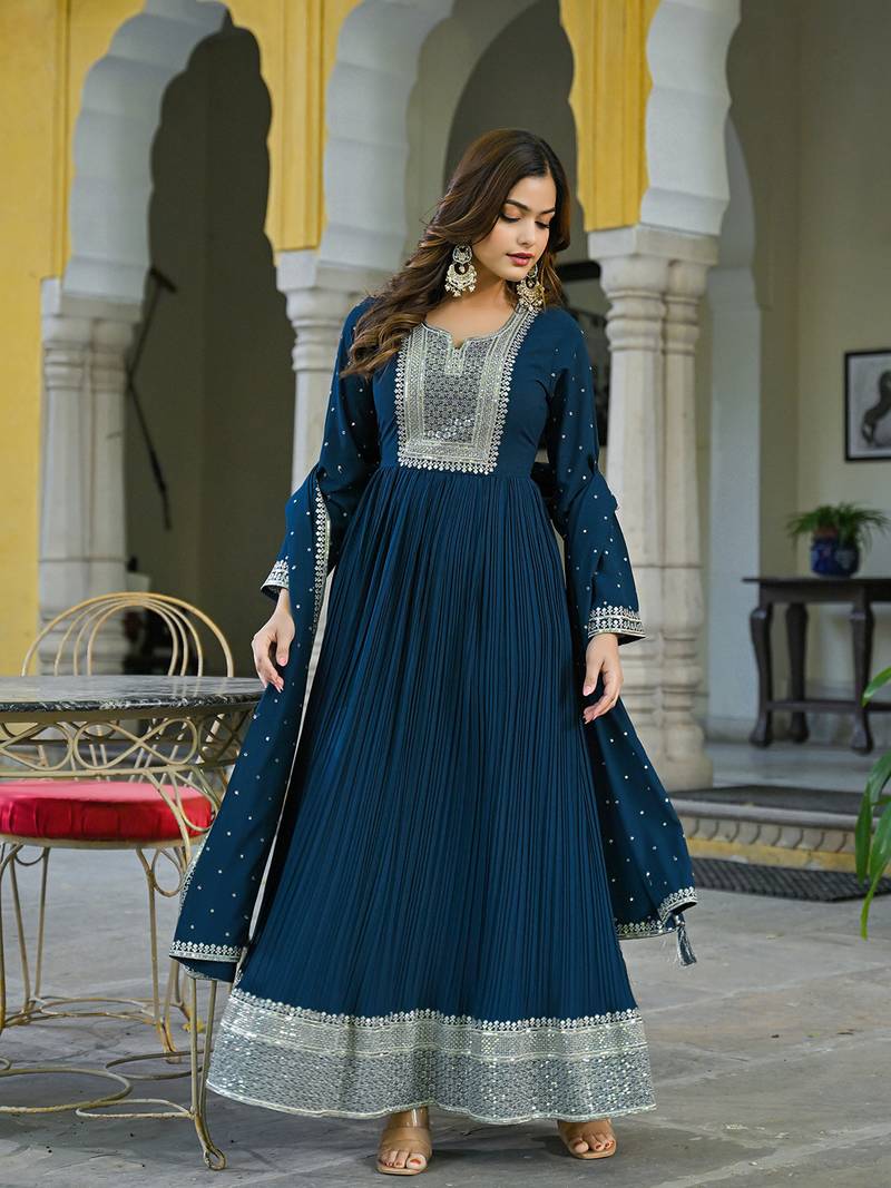 teal solid georgette fancy kurta with dupatta set
