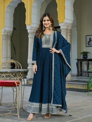 teal solid georgette fancy kurta with dupatta set 5