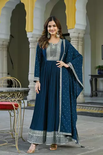 teal solid georgette fancy kurta with dupatta set