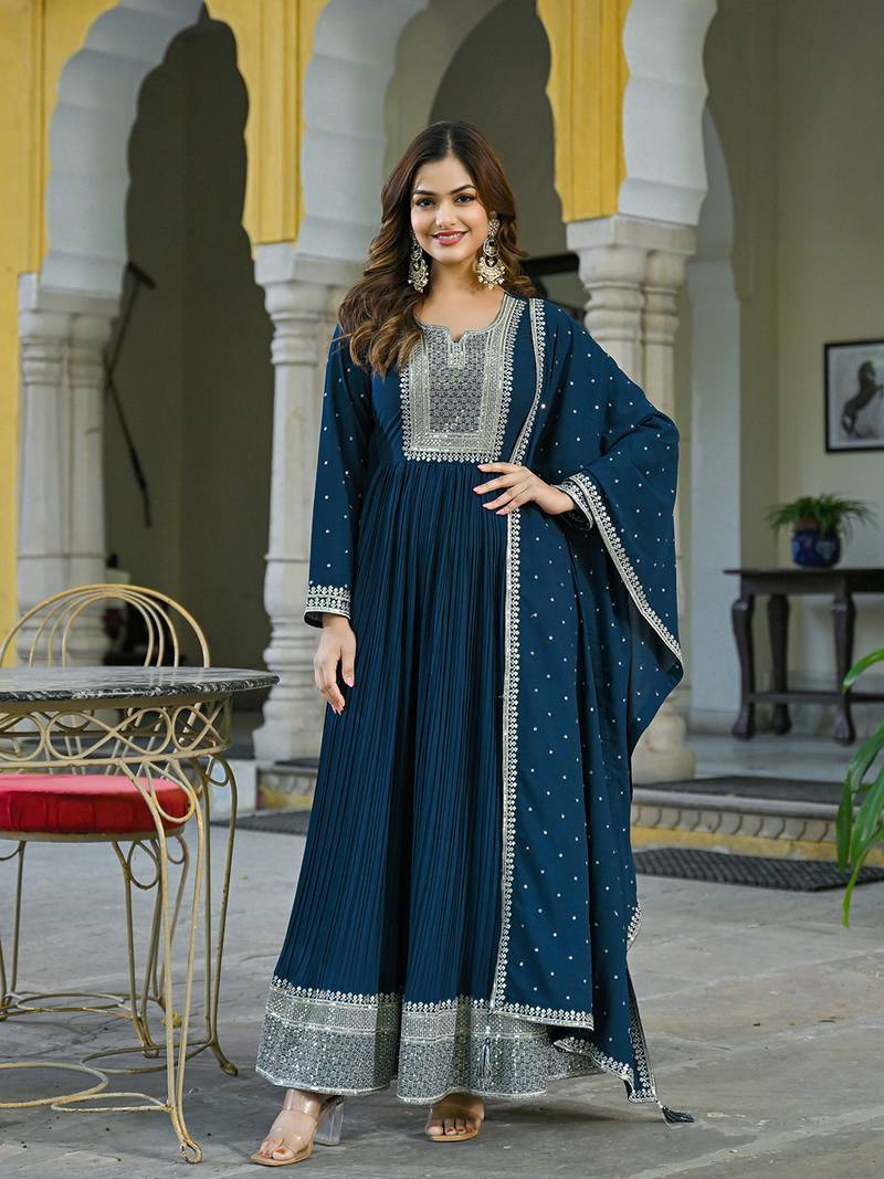 teal solid georgette fancy kurta with dupatta set
