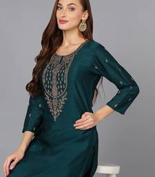 green solid silk blend fancy kurta with trouser set