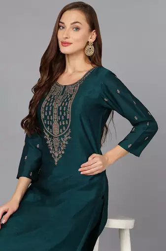 green solid silk blend fancy kurta with trouser set