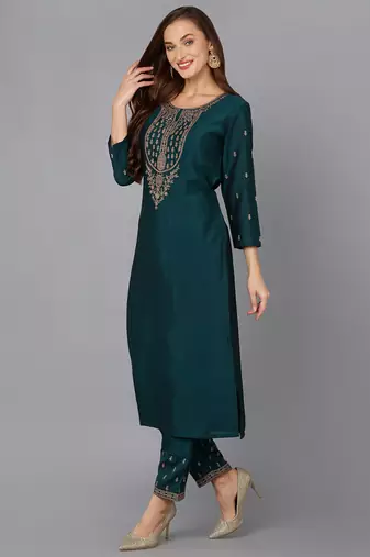 green solid silk blend fancy kurta with trouser set