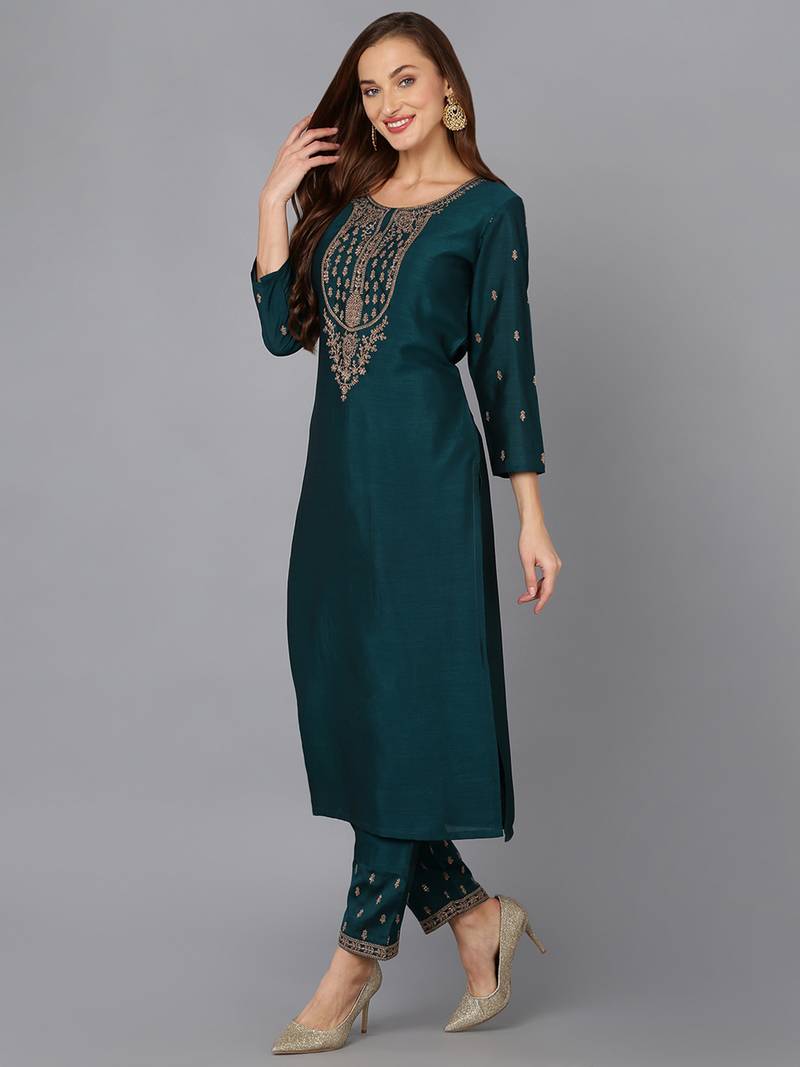 green solid silk blend fancy kurta with trouser set