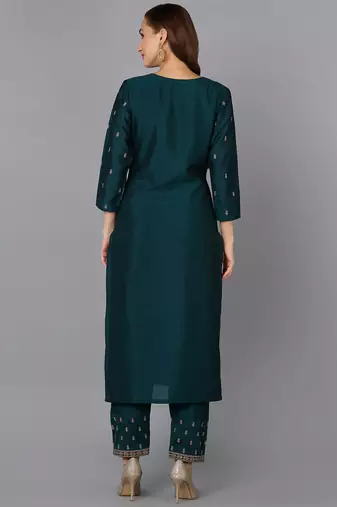 green solid silk blend fancy kurta with trouser set