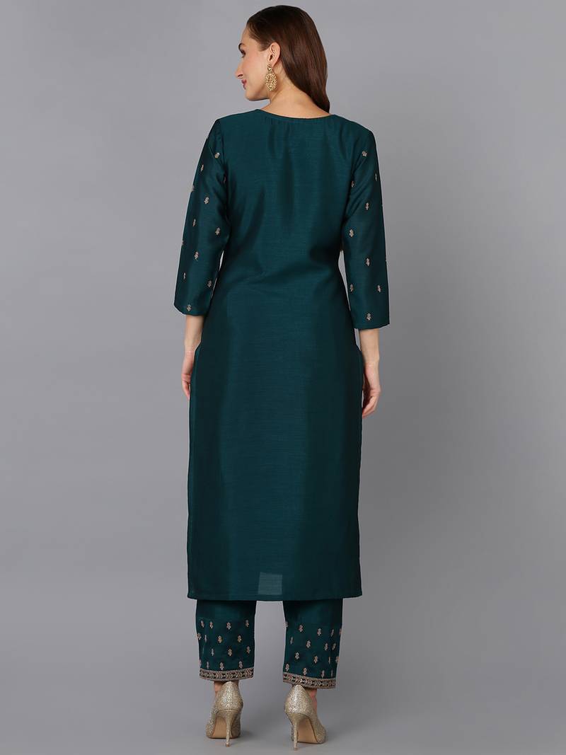 green solid silk blend fancy kurta with trouser set