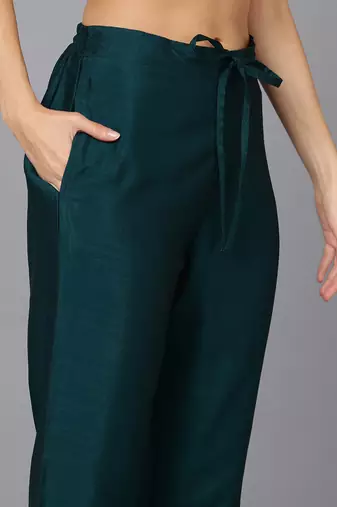 green solid silk blend fancy kurta with trouser set
