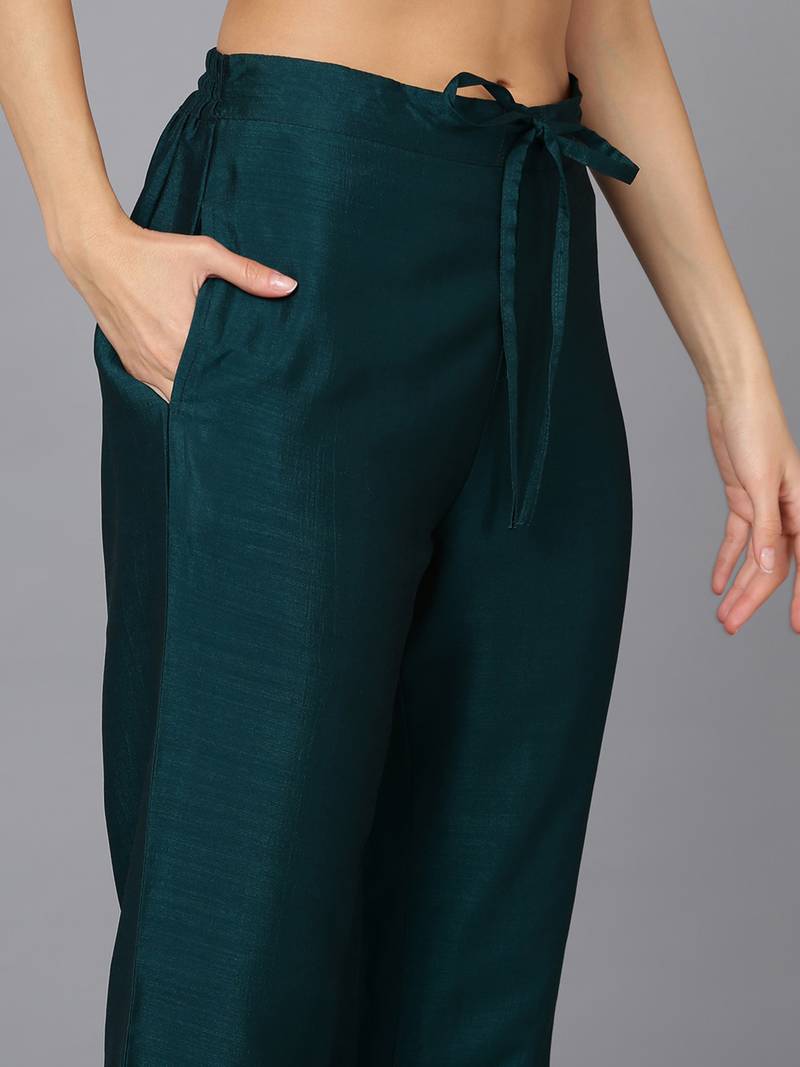 green solid silk blend fancy kurta with trouser set