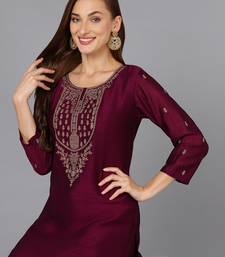 burgundy solid silk blend fancy kurta with trouser set