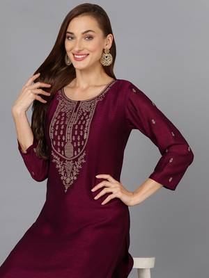 burgundy solid silk blend fancy kurta with trouser set 2