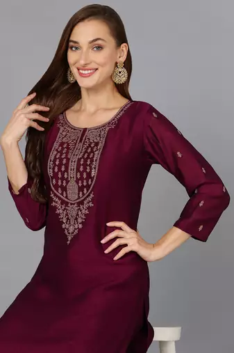 burgundy solid silk blend fancy kurta with trouser set