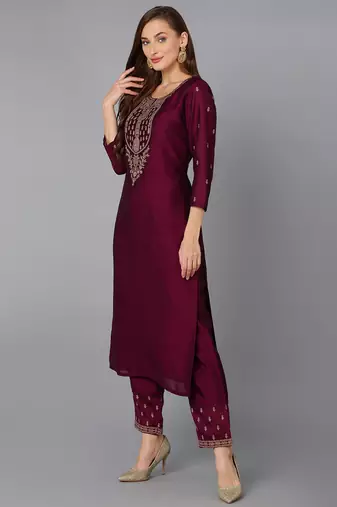 burgundy solid silk blend fancy kurta with trouser set