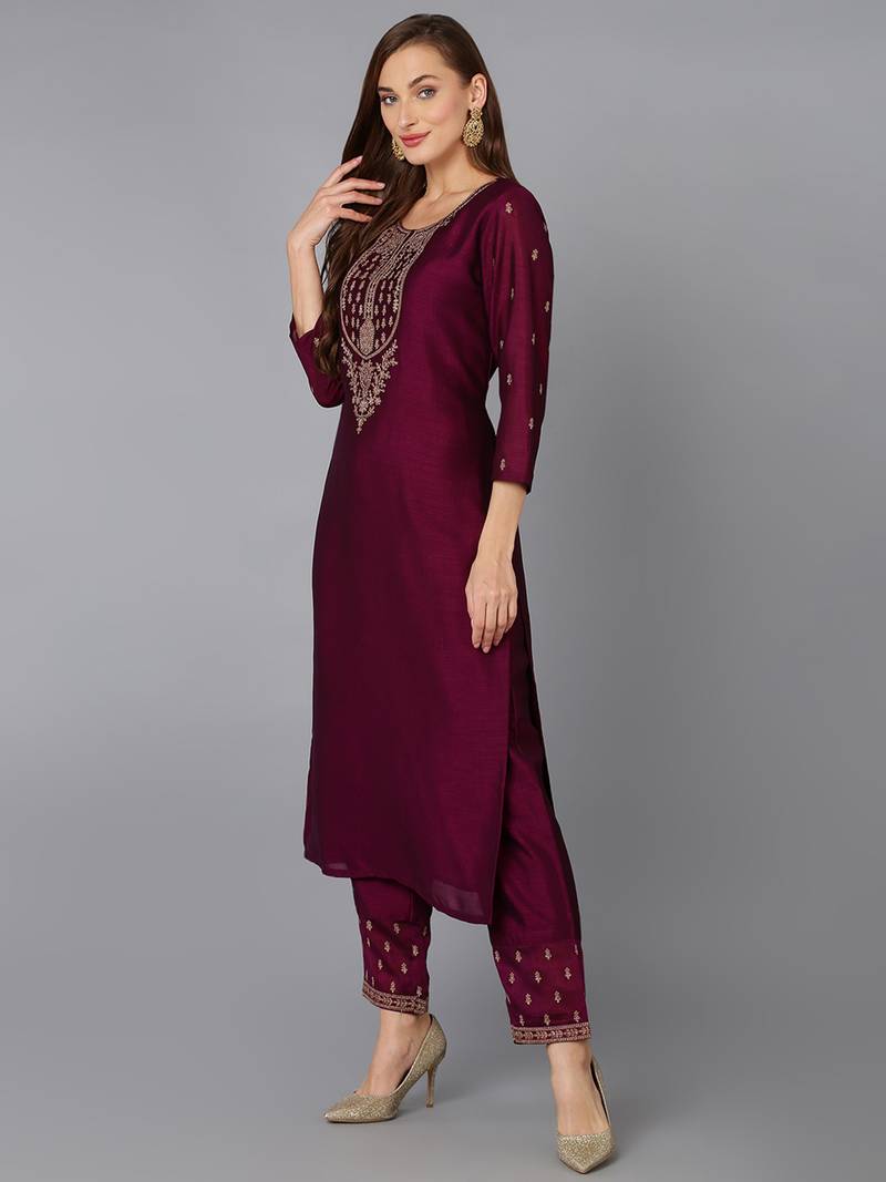 burgundy solid silk blend fancy kurta with trouser set