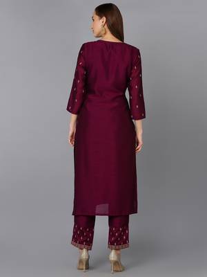 burgundy solid silk blend fancy kurta with trouser set 4
