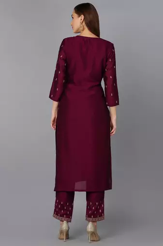 burgundy solid silk blend fancy kurta with trouser set