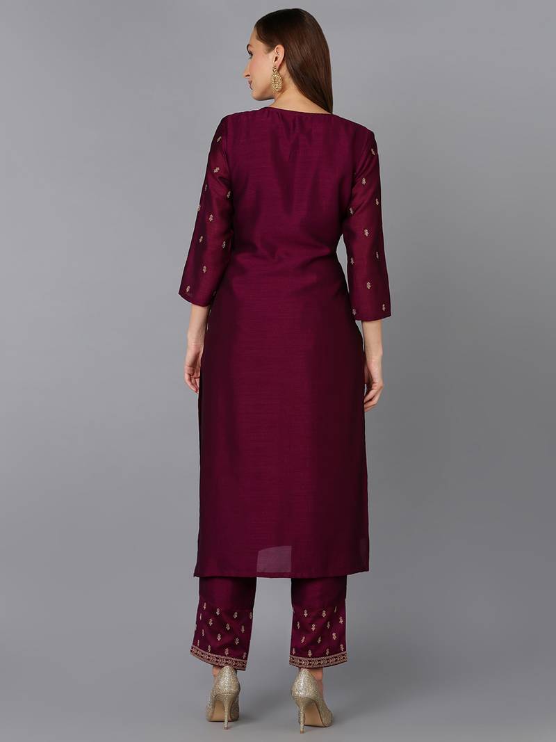 burgundy solid silk blend fancy kurta with trouser set