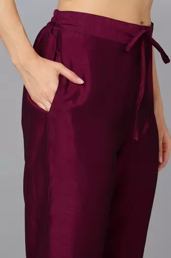burgundy solid silk blend fancy kurta with trouser set