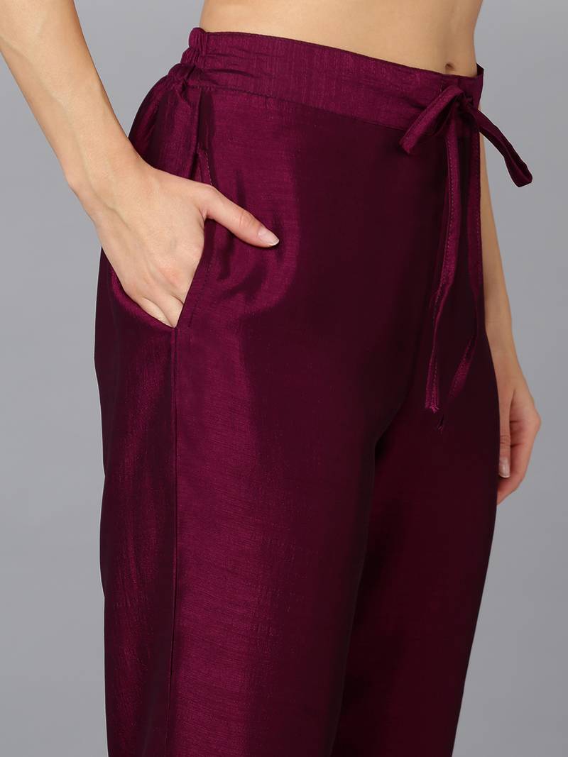 burgundy solid silk blend fancy kurta with trouser set