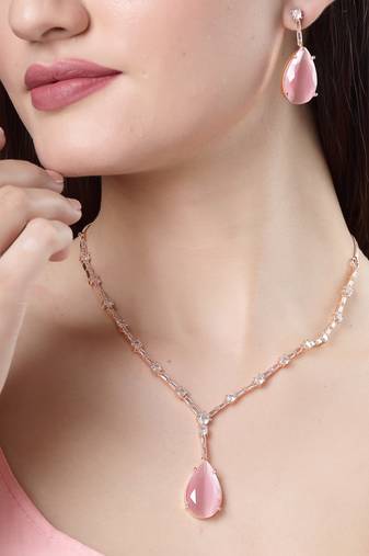Women rose gold artificial stones studded handcrafted jewellery set