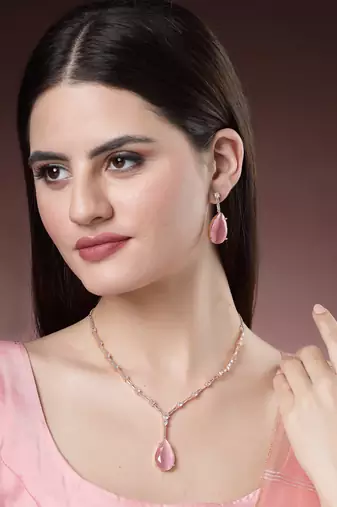 Women rose gold artificial stones studded handcrafted jewellery set