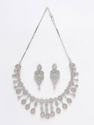 Women silver plated & pink cz stone handcrafted jewellery set 3