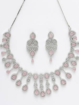Women silver plated & pink cz stone handcrafted jewellery set 4